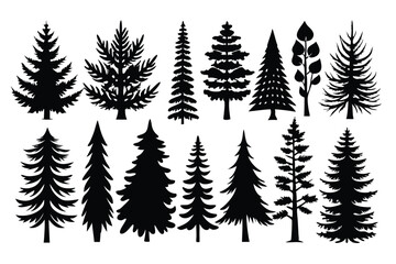 Fototapeta premium set of pine tree silhouette line art vector illustration with a white background
