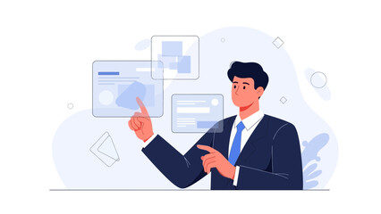 Fototapeta premium Business Man Interacting with Digital Interface, Data Visualization, Modern Technology Concept