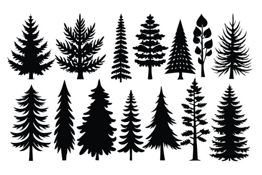 set of pine tree silhouette line art vector illustration with a white background
