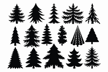 Obraz premium set of pine tree silhouette line art vector illustration with a white background