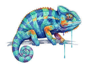 Naklejka premium Colorful chameleon perched on a branch displaying vibrant blue green and orange watercolor patterns with paint drips