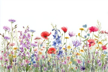 Fototapeta premium Vibrant Watercolor Wildflower Border on White