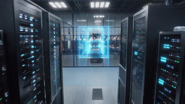Server room with futuristic technology and digital interface
