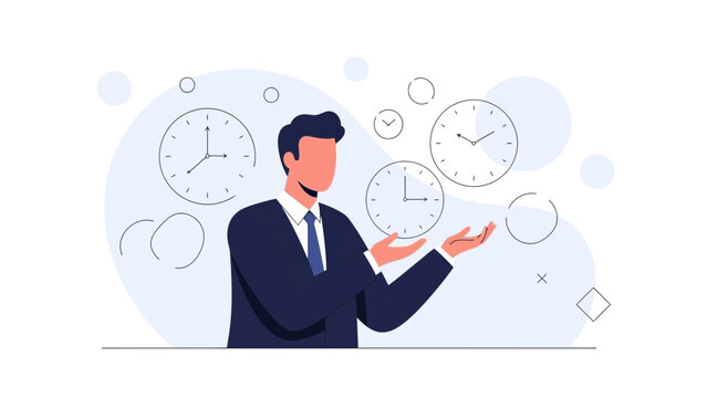 Businessman juggling multiple clocks, symbolizing time management and deadlines