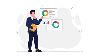 Business Man Presenting Financial Data and Charts on Screen, Analytics Concept