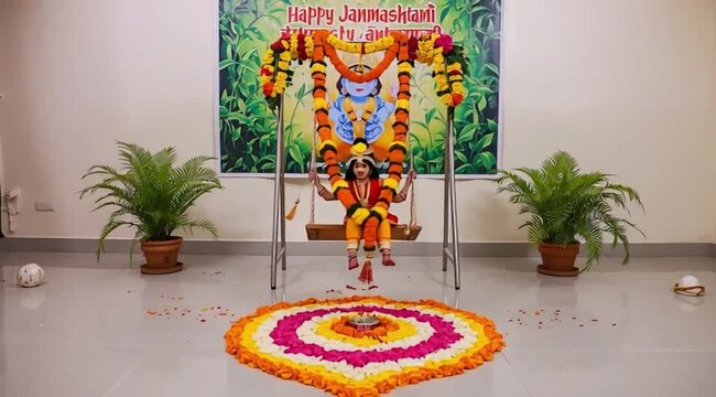 Happy Janmashtami Home Decoration with Krishna Jhula, Marigold Flowers and Rangoli