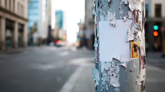 Blank white square flyer mockup on a city utility pole with torn posters and a blurred urban street background