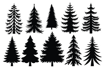 Fototapeta premium set of pine tree silhouette line art vector illustration with a white background
