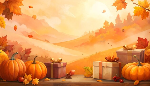 Warm autumn landscape with pumpkins and gifts on a wooden surface against rolling hills and golden skies