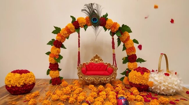 Traditional Janmashtami Krishna Jhula Decoration with Marigold Flowers and Peacock Feather
