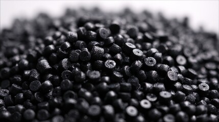 Close-up of a Pile of Black Plastic Pellets for Industrial Manufacturing and Recycling