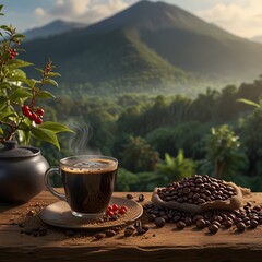 A steaming cup of coffee