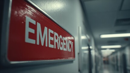 Obraz premium Close-up of a red emergency sign on a wall in a blurred hospital hallway
