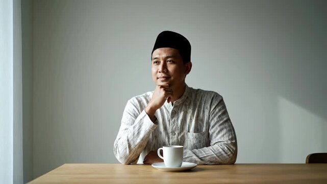 Thoughtful Asian Muslim man wearing a traditional cap and shirt, sitting at a table with a cup, looking away. A Muslim man waiting for iftar in the afternoon