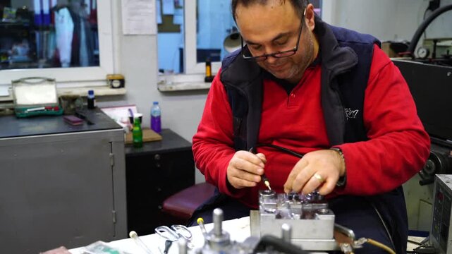 Close-up of a master welder repairing a worn-out plastic injection mold in a factory. Concept of industrial maintenance, engineering precision, and business finance efficiency.