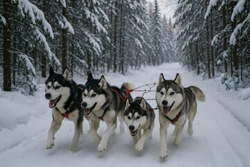 Naklejka premium Four Siberian Huskies Pulling a Sled Through a Snowy Forest