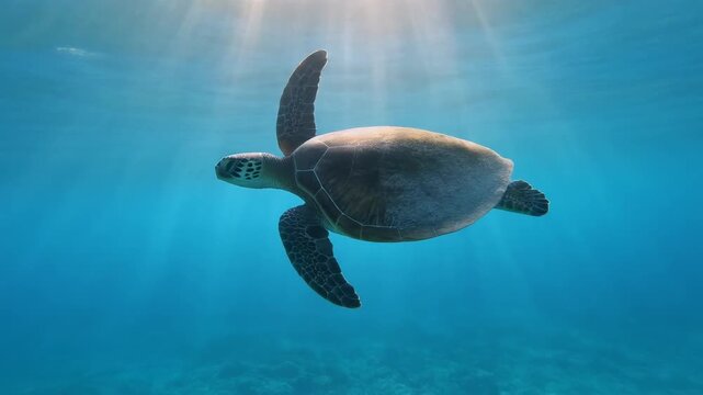 Majestic sea turtle gracefully glides through sunlit turquoise waters, showcasing the serene beauty of marine life and the vibrant underwater ecosystem