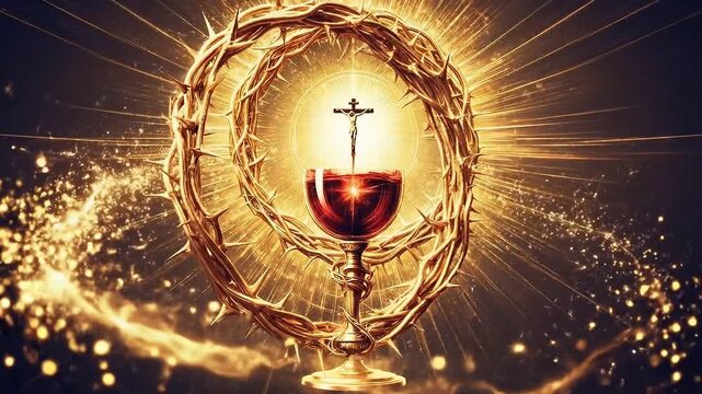 Eucharistic chalice with wine and crucifix surrounded by a crown of thorns halo.