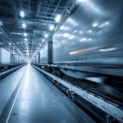 Obraz premium Blurred Motion in Modern Warehouse with Shipping Containers