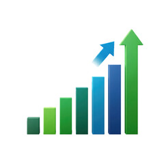 Three dimensional bar chart showing progressive growth and success with upward arrows on a  transparent background