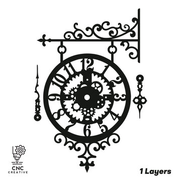 Vintage Hanging Shop Wall Clock with Gears Vector, 1 Layer Laser Cut Design for Classic Decor