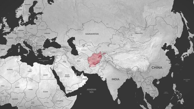 Detailed shaded relief topographic map visually highlighting the central asian nation of afghanistan and its borders
