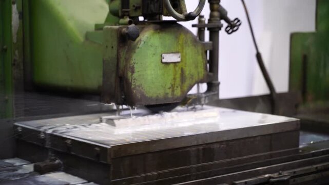 Close-up of a grinding machine smoothing a steel mold part in a factory. Concept of precision engineering, industrial manufacturing business, and production finance.