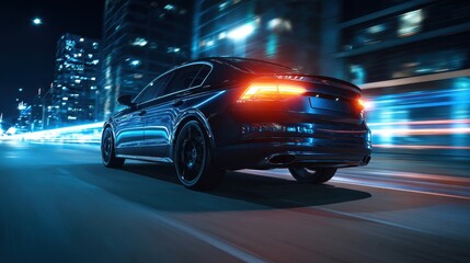 Fototapeta premium High-speed car driving through a futuristic neon city at night with motion blur and glowing taillights