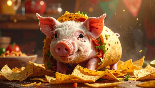 A delightful fusion: Charming piglet nestled in a taco shell, surrounded by chips