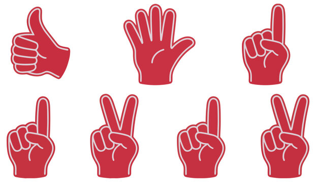 Red Foam Hand Gestures Vector Design Showing Different Finger Counts And Thumbs Up, Isolated On White Background For Sports Fans, Team Spirit, And Victory Concept.