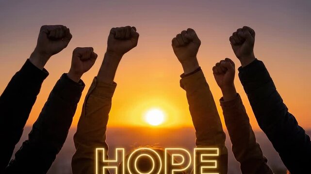 Silhouettes of Hands Raising Fists with Neon Hope Text at Sunset 4K