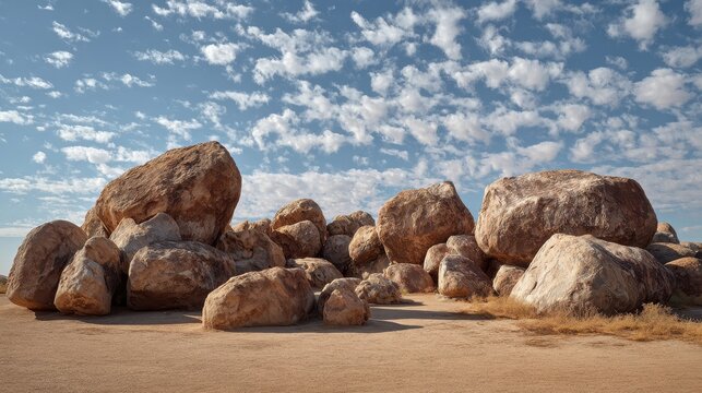 Large granite boulders scattered across an arid landscape under a blue sky with scattered clouds, Devils Marbles, Australia