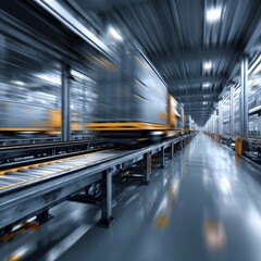 Industrial Warehouse with Conveyors and Moving Cargo in Blur