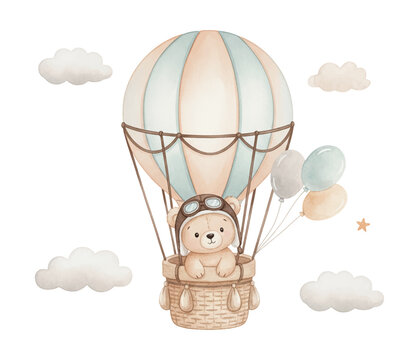 Cute teddy bear pilot in hot air balloon surrounded by clouds and balloons happy and cheerful for a sky adventure
