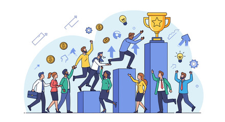 People Climbing Pillar to Golden Trophy.