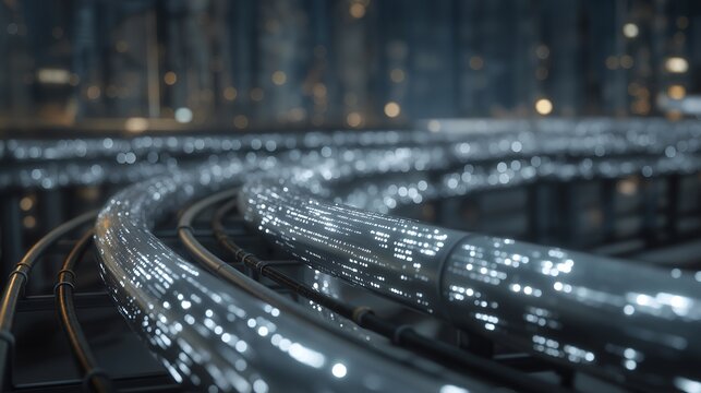Futuristic infrastructure imagery captures a luminous data stream as it flows along a curved pipeline, bathed in soft ambient light and digital motion effects. cinematic color correction, natural