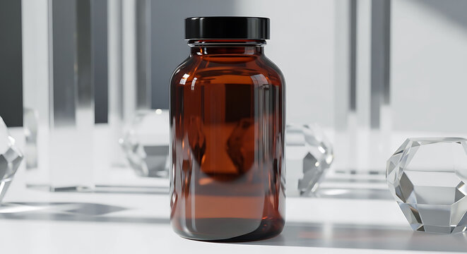 Amber glass medicine bottle with black cap on a white surface with crystal element