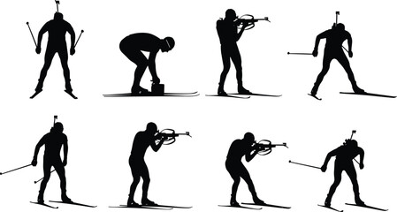 Biathlon athlete silhouettes skiing and shooting rifle, winter sports vector icons set, competitive cross-country skiing and shooting illustration designt © Hello there