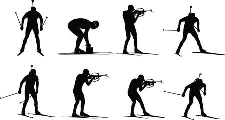 Biathlon athlete silhouettes skiing and shooting rifle winter sport vector illustration, cross-country skiing poses competition endurance precision isolated dynamic design © Hello there