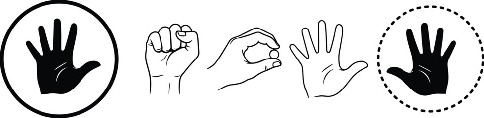 Fototapeta premium Hand gesture icon set with open palm, fist and signs, black outline and silhouette vector symbols for communication isolated on white background