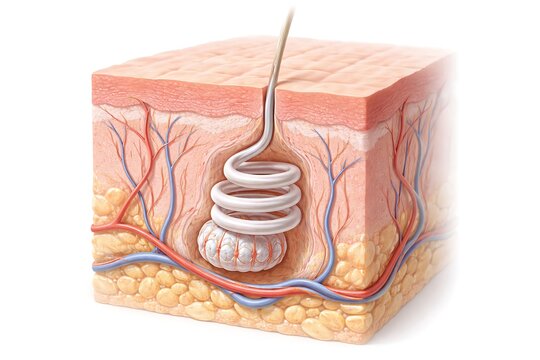 3D Illustration of Human Eccrine Sweat Gland Anatomy in Skin Layers with Blood Vessels and Dermis Structure.