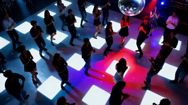 Top view of a crowd of people dancing on an illuminated disco floor at a club. Group of friends enjoying a night party with a shiny disco ball. Nightlife celebration and event concept