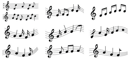 Musical Notes Staff Symbols Vector Design Showing Flowing Melody Notation In Black And White, Isolated For Music Theory, Composition, And Sheet Music Artwork.