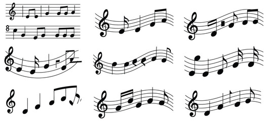 Fototapeta premium Musical Notes Staff Symbols Vector Design Showing Flowing Melody Notation In Black And White, Isolated For Music Theory, Composition, And Sheet Music Artwork.