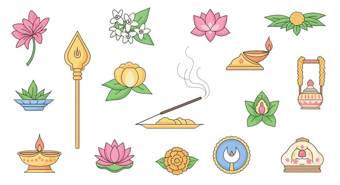 Collection of traditional Indian religious and cultural symbols, including lotus flowers, diyas, incense, and offerings, on a white background.