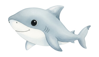 Cute Smiling Baby Shark Swimming Happily with Gentle Grey and White Watercolor Texture