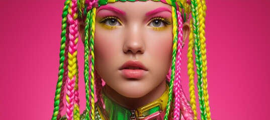 Bold beauty portrait of a young woman with colorful braided hair and vibrant makeup under dramatic neon lighting.
