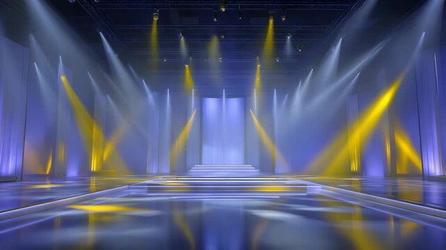 Modern stage show setup with powerful blue gold spotlights illuminating a blank, empty stage. Clean, minimal scene ready for performance, branding, or event presentation.