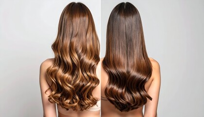 Naklejka premium Two women with wavy and straight, shiny brown hair, shown from the back, set against a pale, neutral background