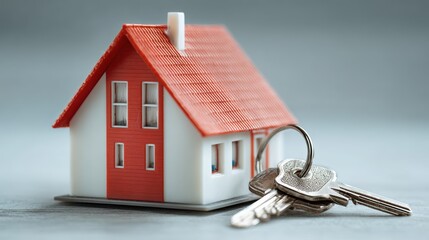 Real estate concept with small house model and keys on table, home ownership and property investment symbol ideal for finance, mortgage and housing content, editable composition